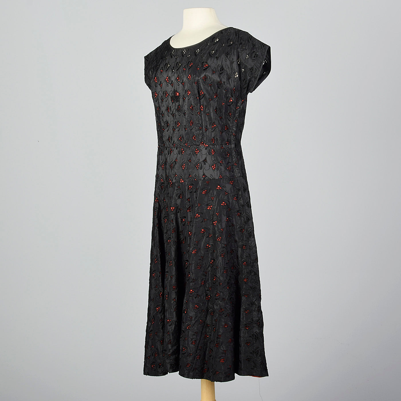 1950s Black Eyelet Dress with Red Lining