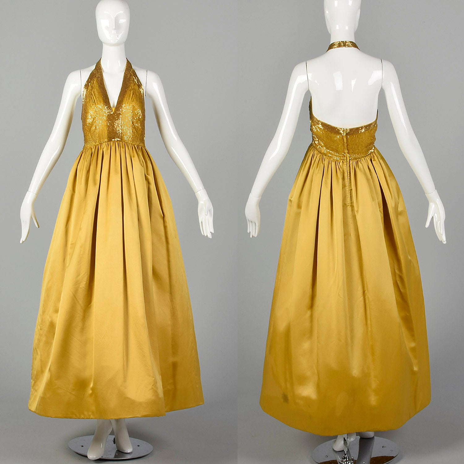 Small 1970s Gold Beaded Backless Halter Ball Gown