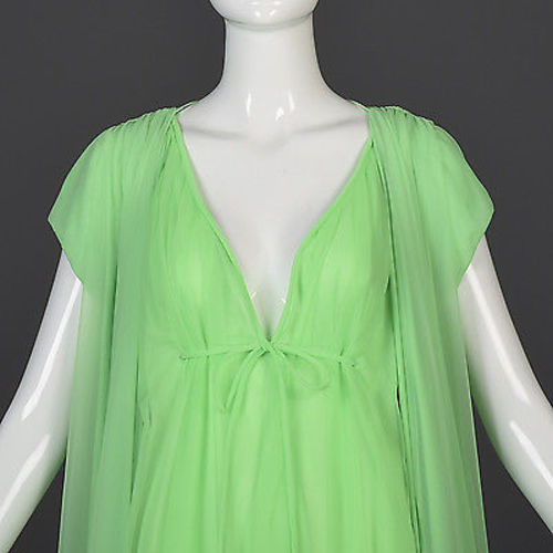 1960s Claire Sandra Lucie Ann Beverly Hills Green Chiffon Nightgown & Peignoir Set with Pom Poms