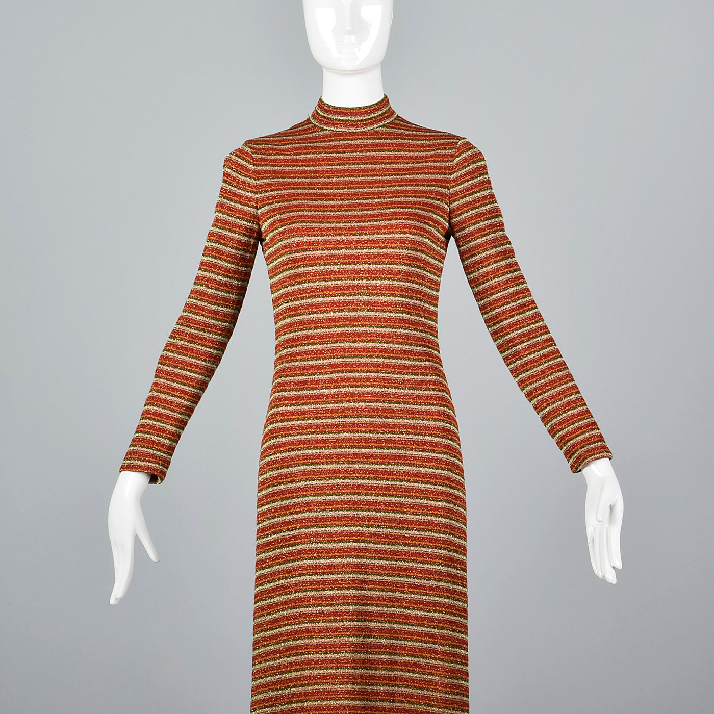 1970s Mollie Parnis Boutique Metallic Stripe Knit Maxi Dress