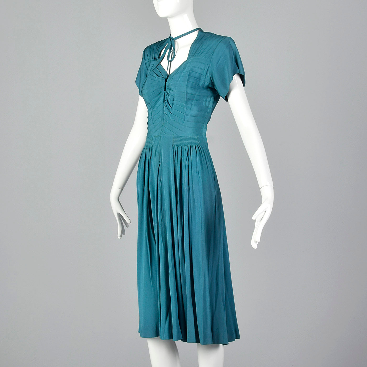 1940s Teal Rayon Dress with Neck Tie