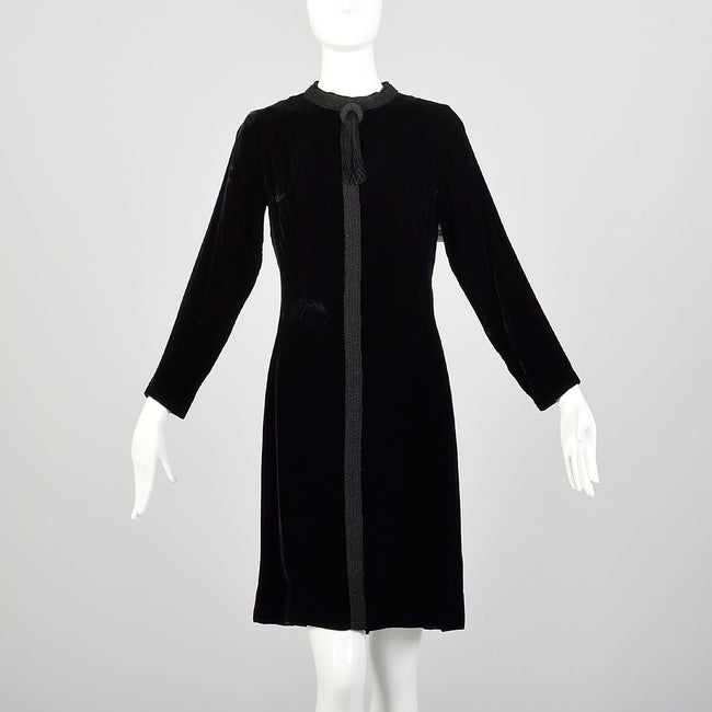 Small 1960s Dress Black Velvet Long Sleeve Above-the-Knee Tassel Details