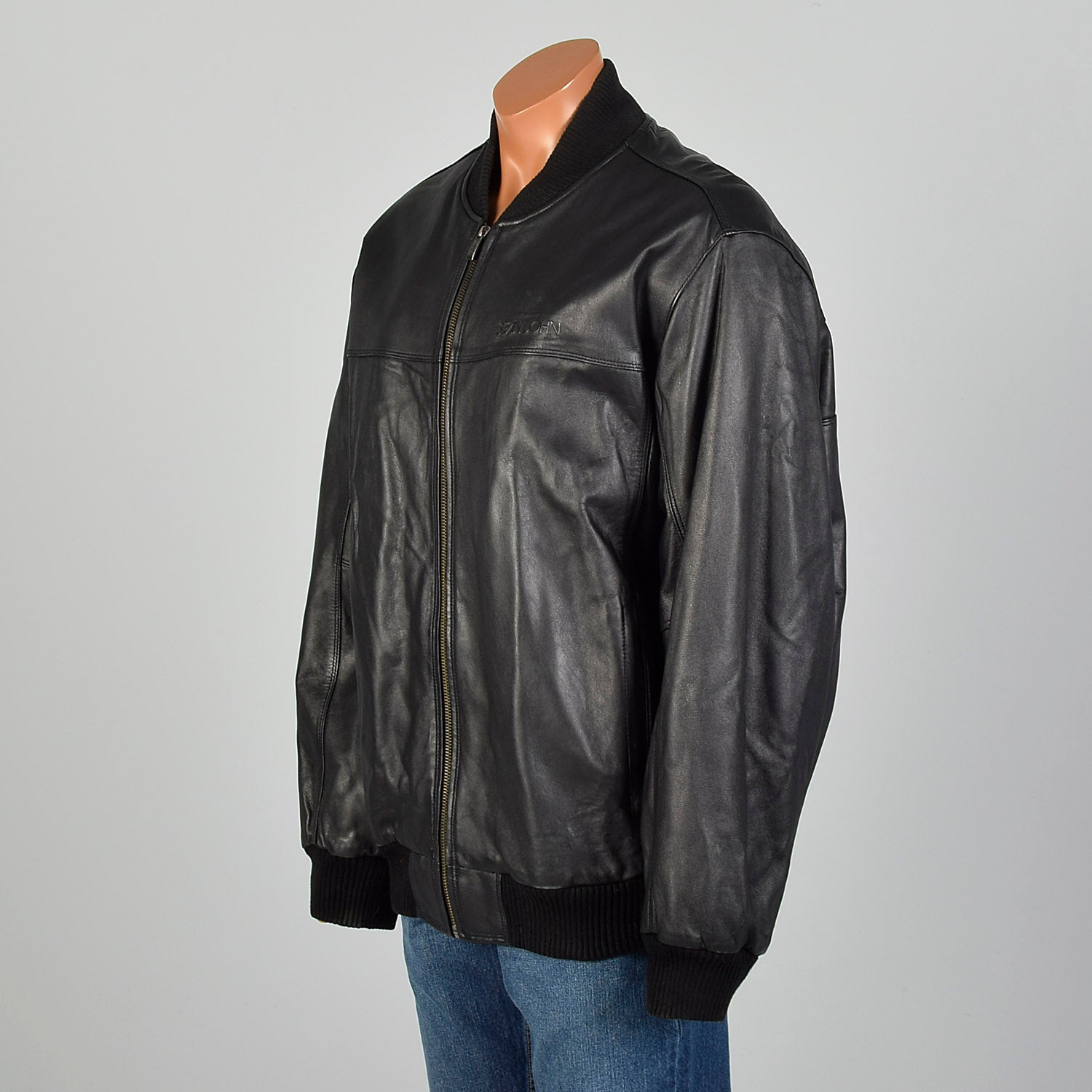 XXL-XXXL Sean John Black Leather Bomber Jacket