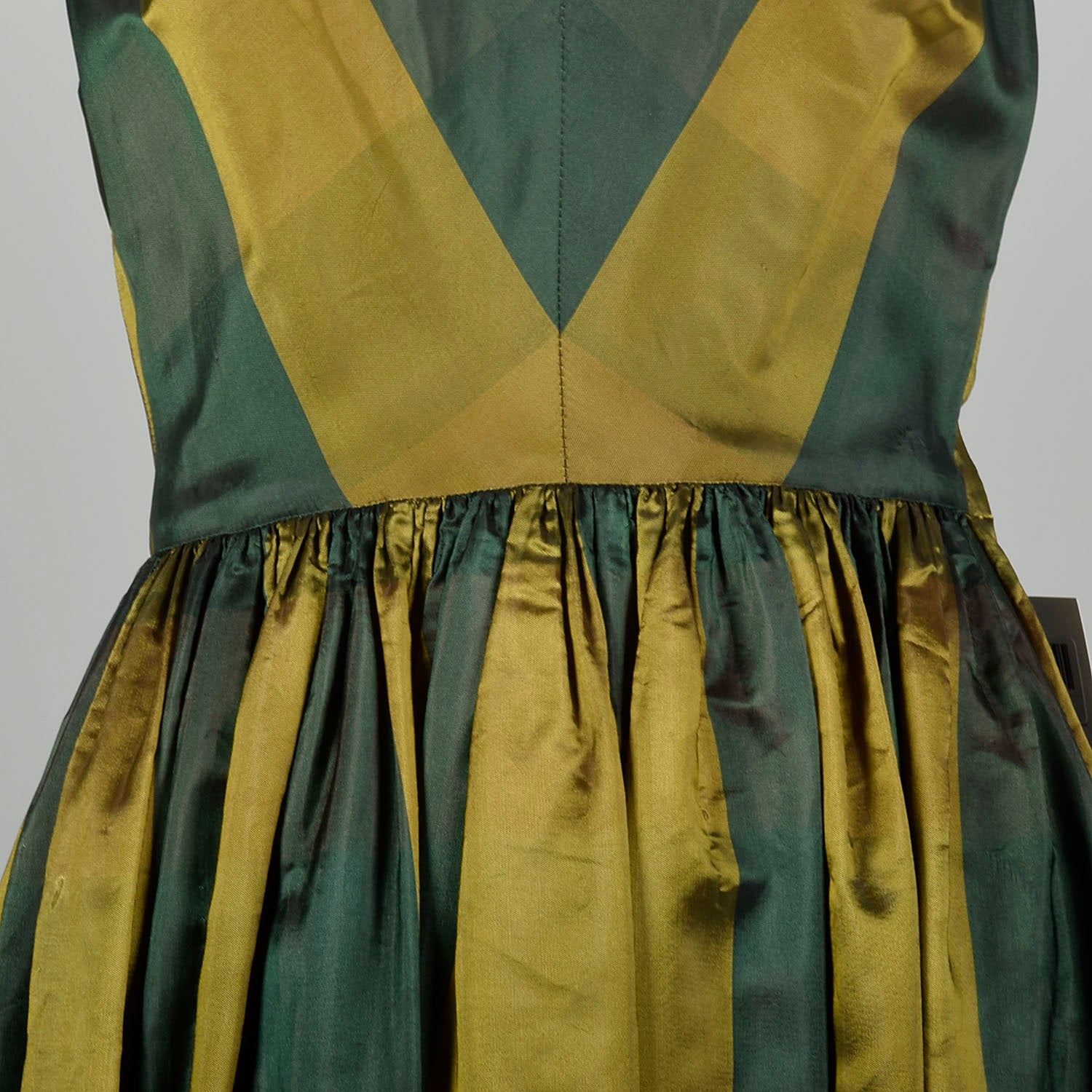 XS 1940s Green Gold Taffeta Party Dress Plaid Tea Length Gown Chevron Bodice