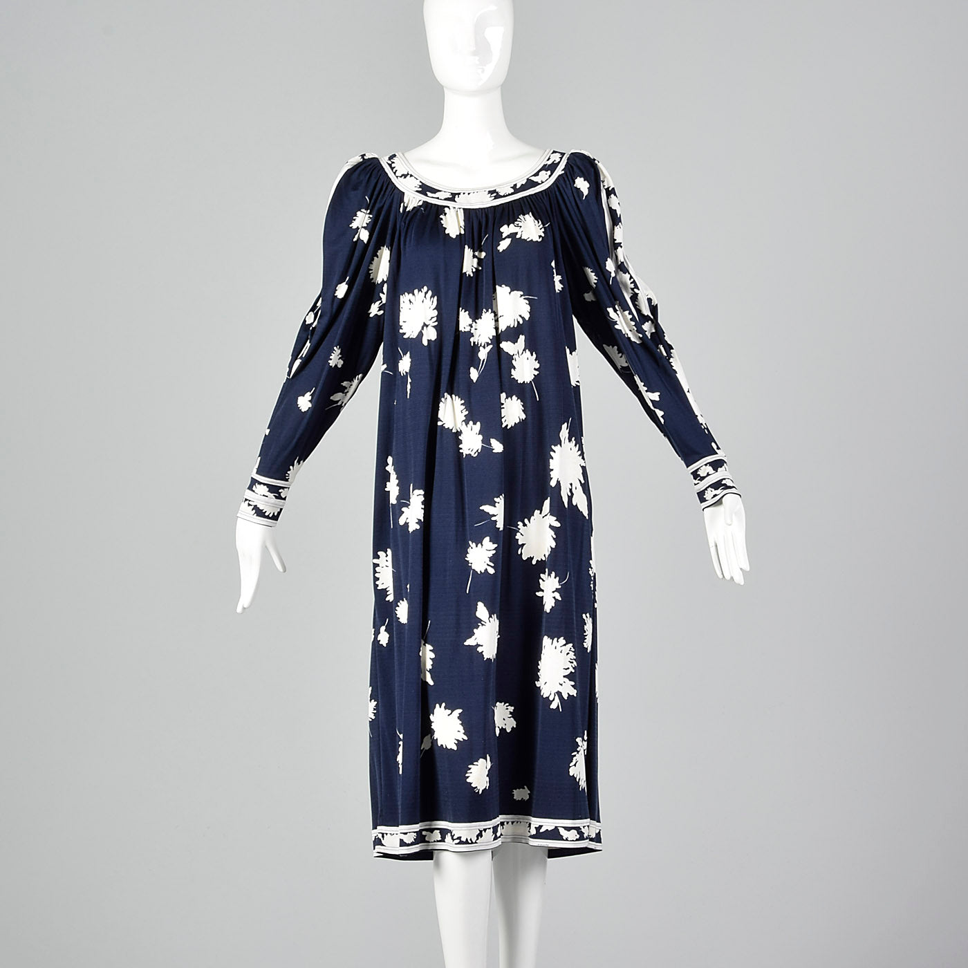 1980s Leonard Paris Navy Blue Floral Dress