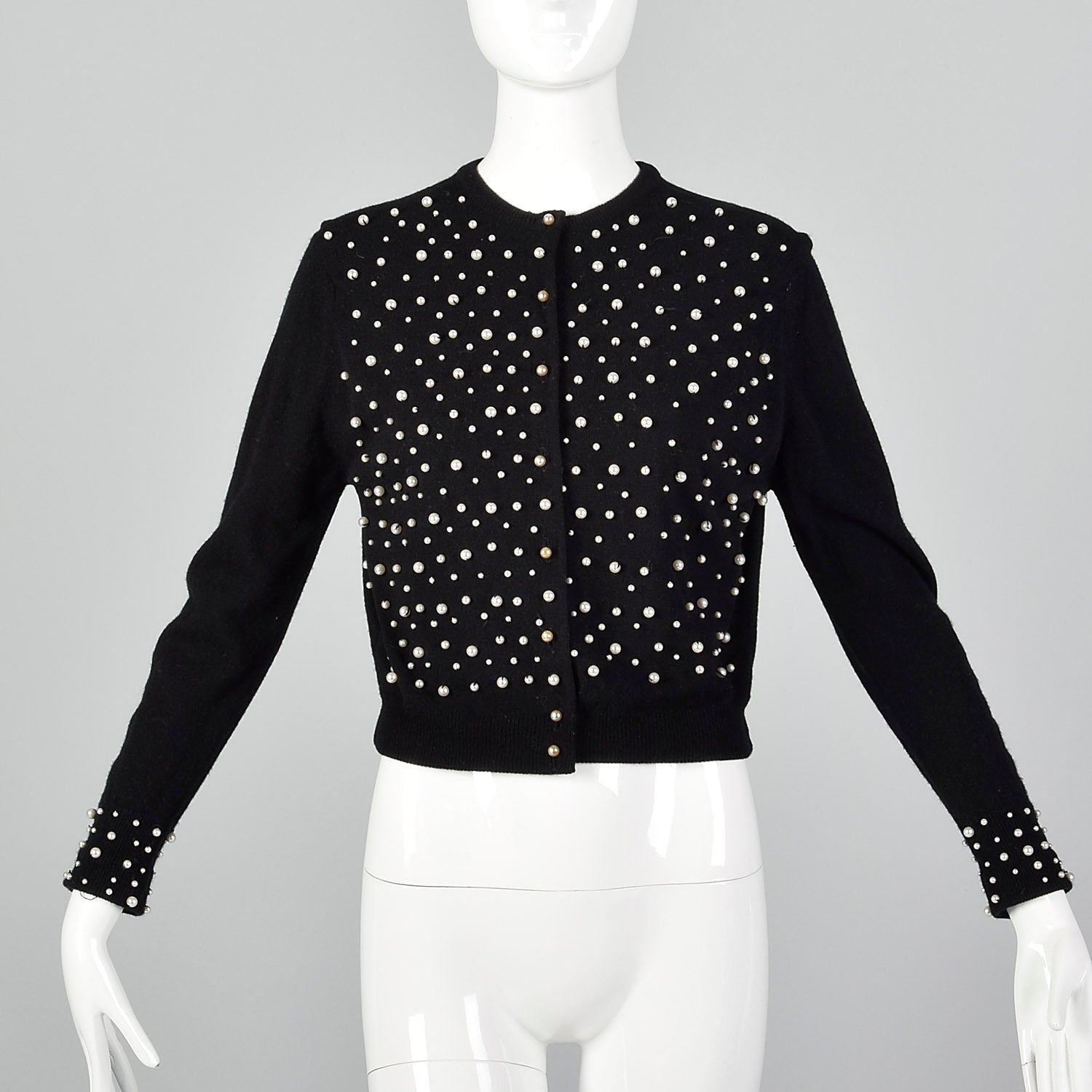 XS 1950s Black Cashmere Cardigan with Pearl Beading