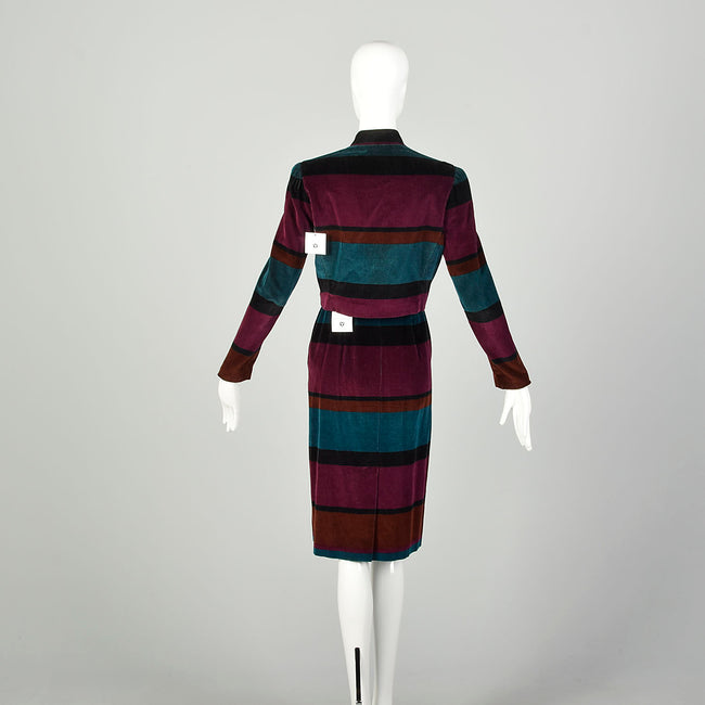 Small 1980s Horizontal Stripe Skirt Set Jewel Tone Suit Narrow Wale Corduroy Separates Outfit