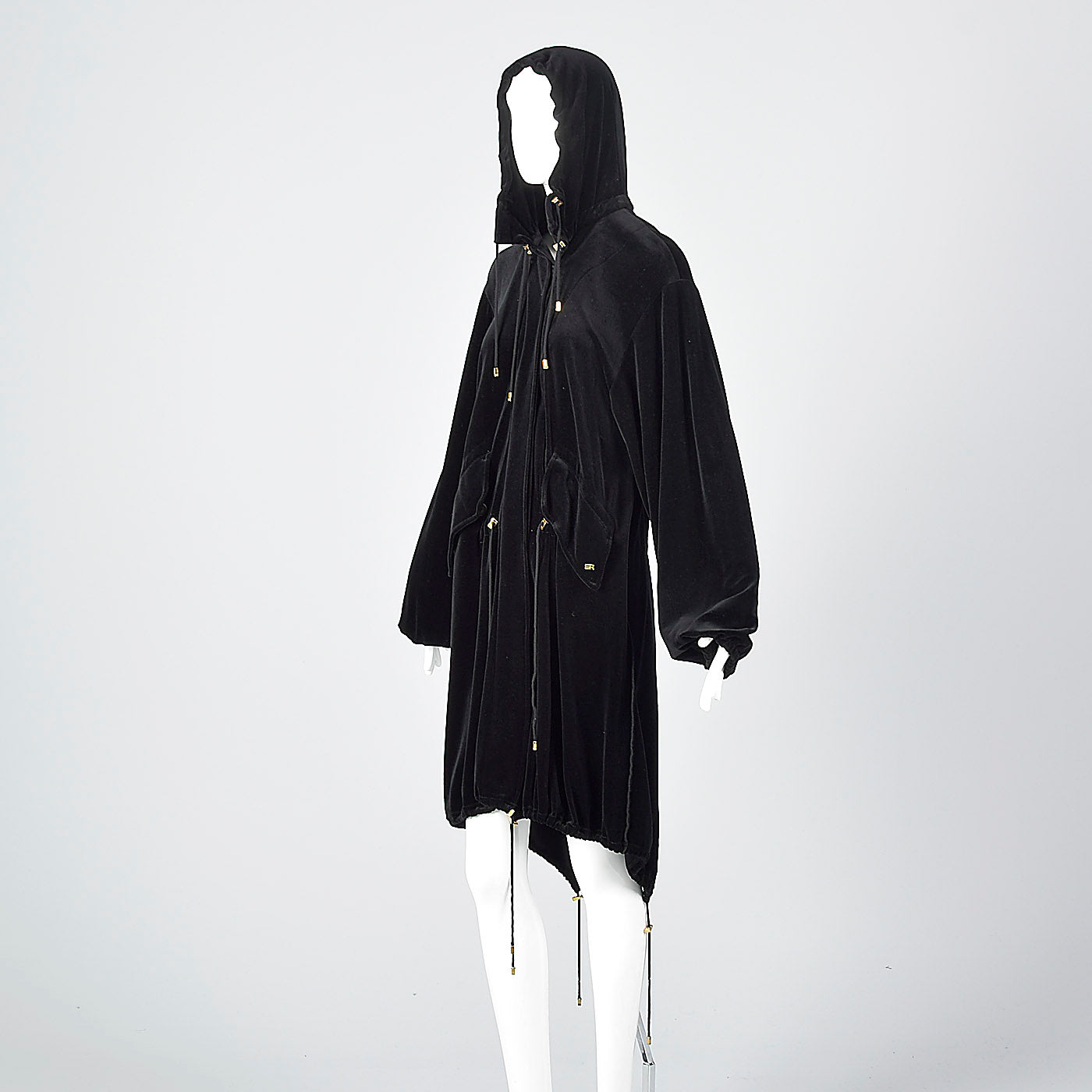 1990s Sonia Rykiel Loose Black Velvet Hooded Coat