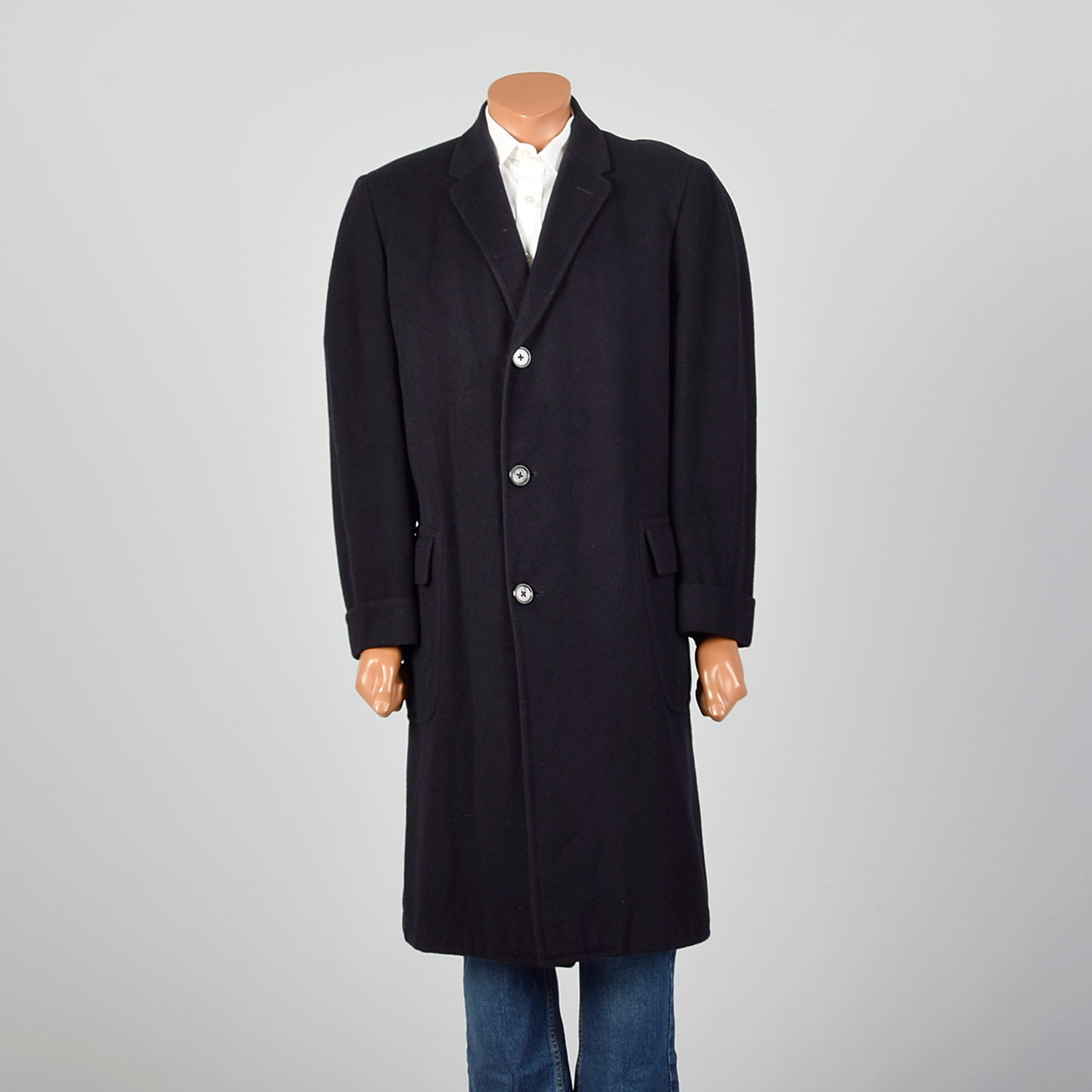 42 Large 1950s Mens Black Cashmere Overcoat