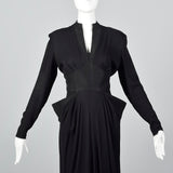 1940s Femme Fatale Black Rayon Dress with Pointed Pockets