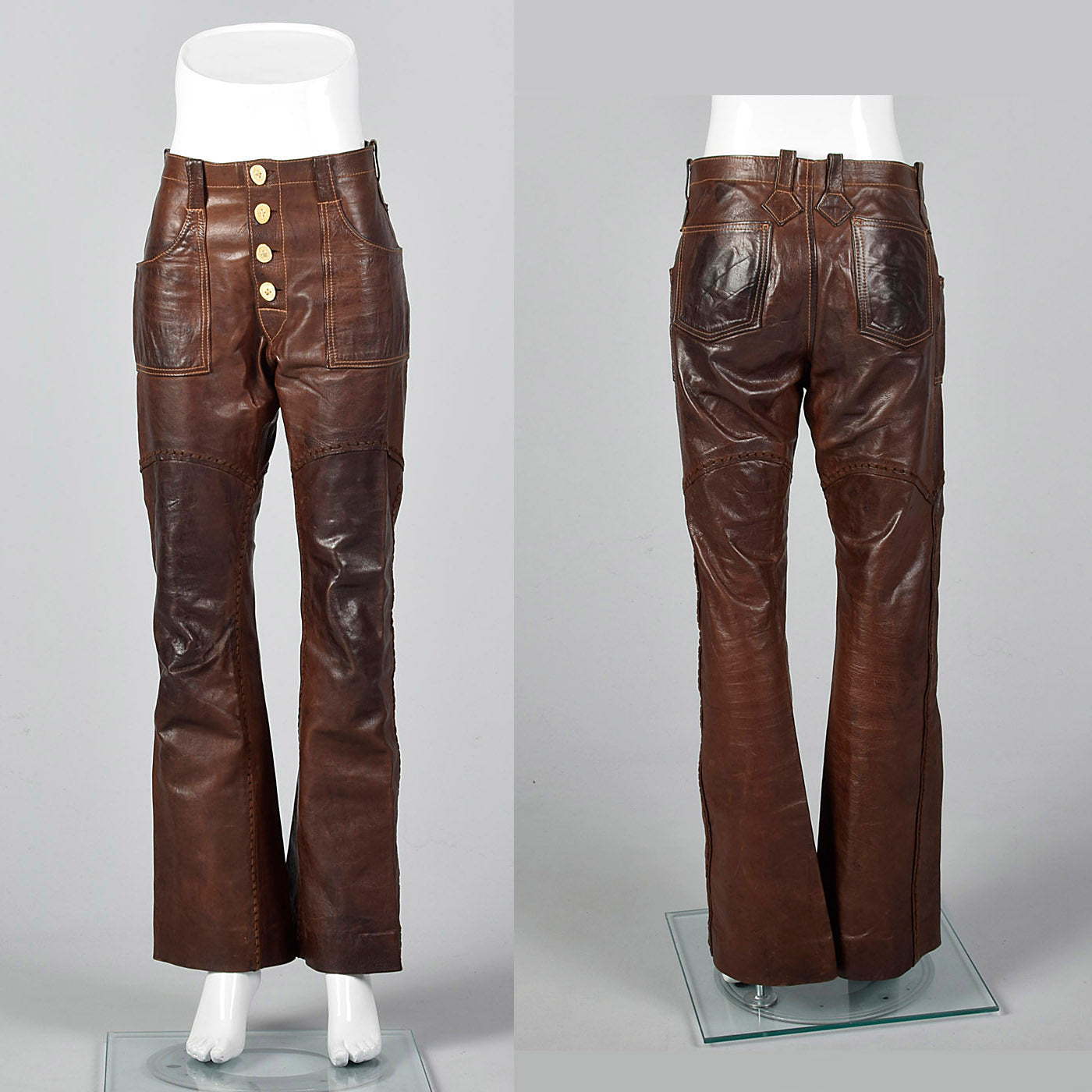 1970s Brown Leather Pants with Antler Buttons