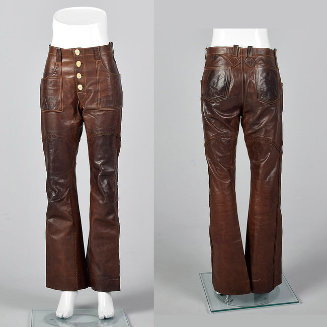 1970s Brown Leather Pants with Antler Buttons