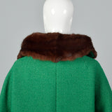 1960s Green Coat with Marmot Fur Trim & Dramatic Collar