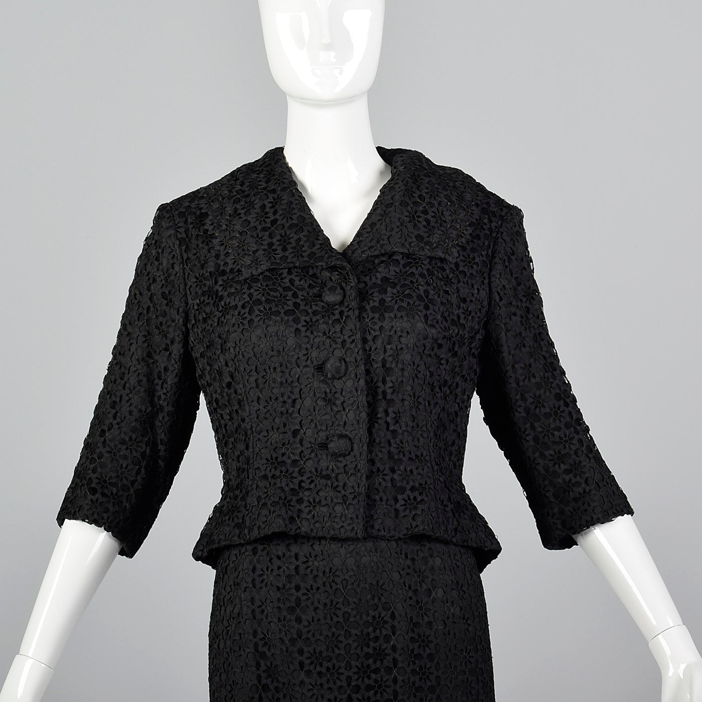 1950s Black Dress and Jacket Set in Hand Loomed Spiderweb Lace