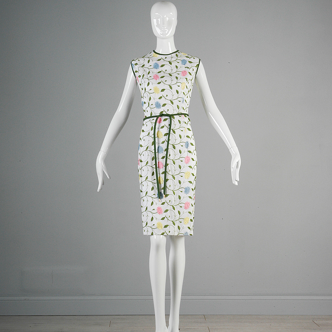 1960s White Wiggle Dress with Floral Embroidery