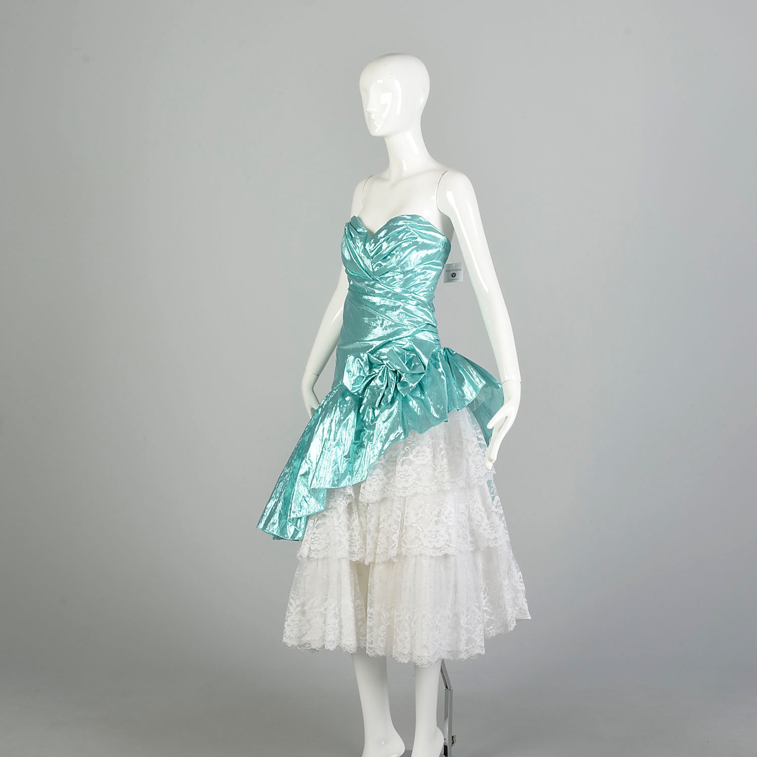 Small 1980s Strapless Sea Foam Aqua Asymmetric Lace Ruffle Prom Formal Evening Dress