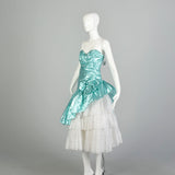 Small 1980s Strapless Sea Foam Aqua Asymmetric Lace Ruffle Prom Formal Evening Dress