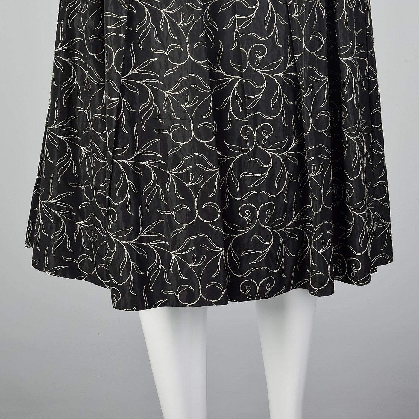 1950s Black Taffeta Skirt with Metallic Silver Embroidery