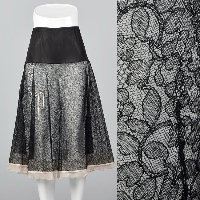 1950s Sheer Black Lace Half Slip with Pink Crystal Pleats