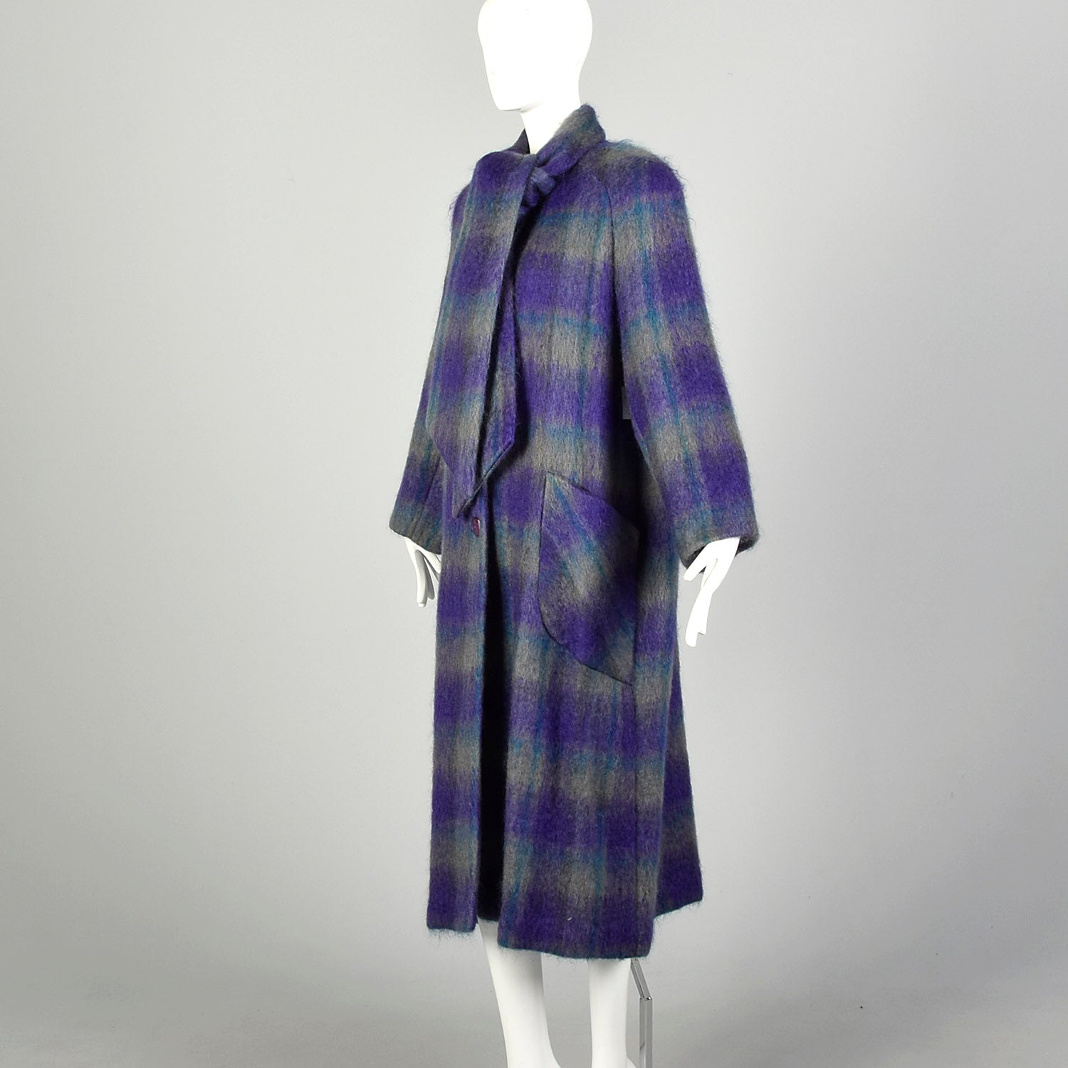 Large 1980s Coat Colorful Purple Plaid Striped Soft Mohair Winter Outerwear Maxi