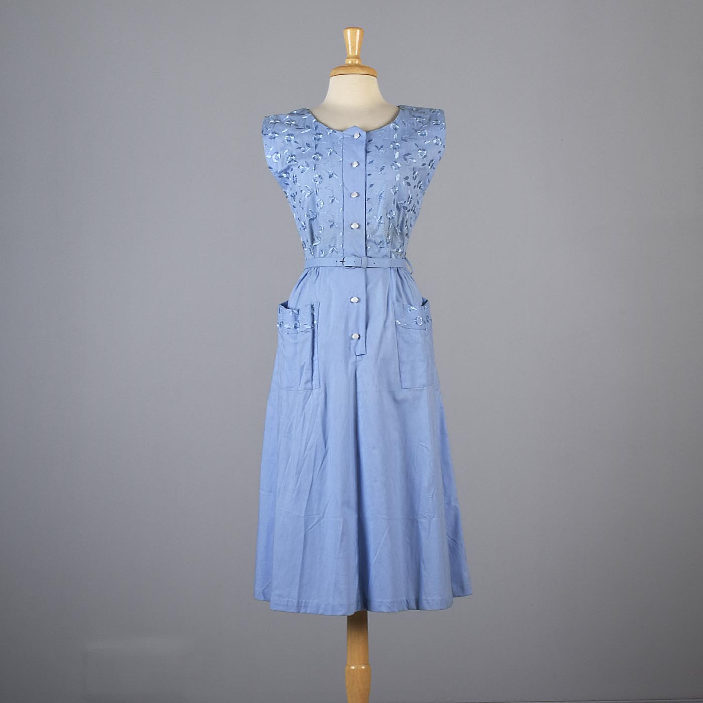 1950s Blue Day Dress with Floral Embroidery