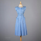 1950s Blue Day Dress with Floral Embroidery