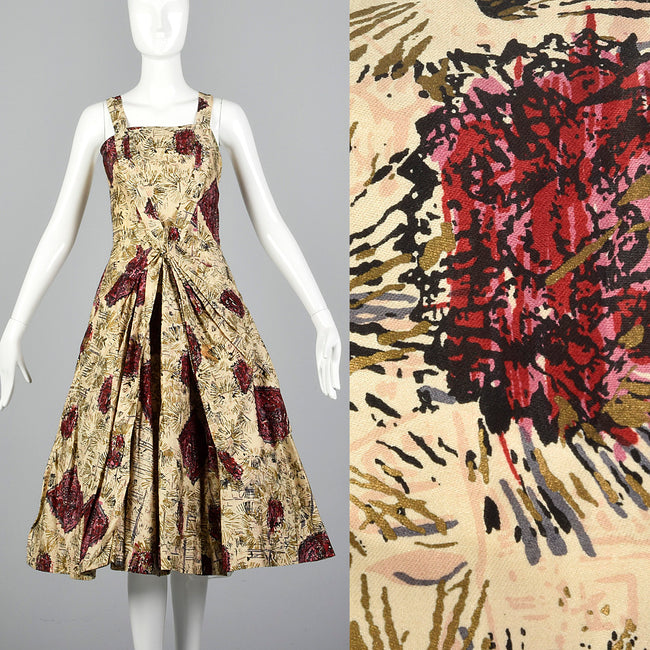XS 1950s Beige Novelty Print Dress