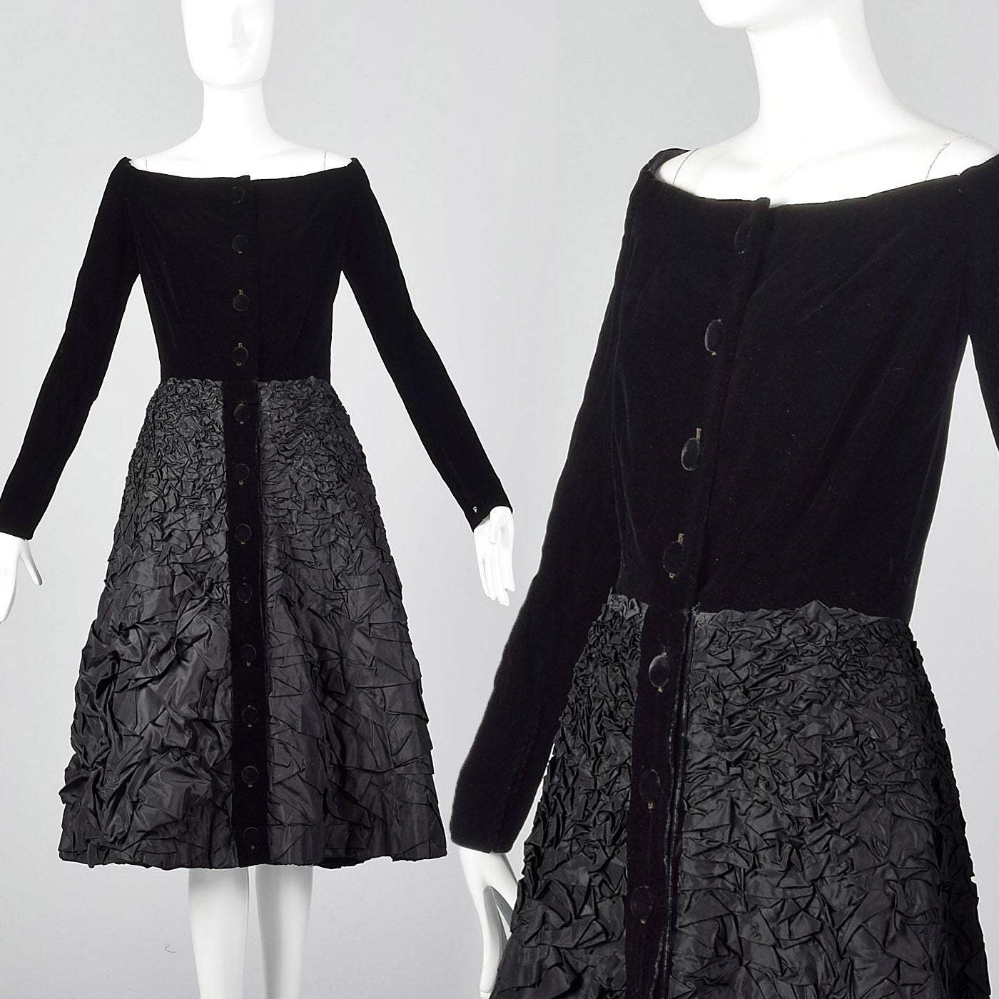 1950s Black Velvet Dress with Textured Skirt