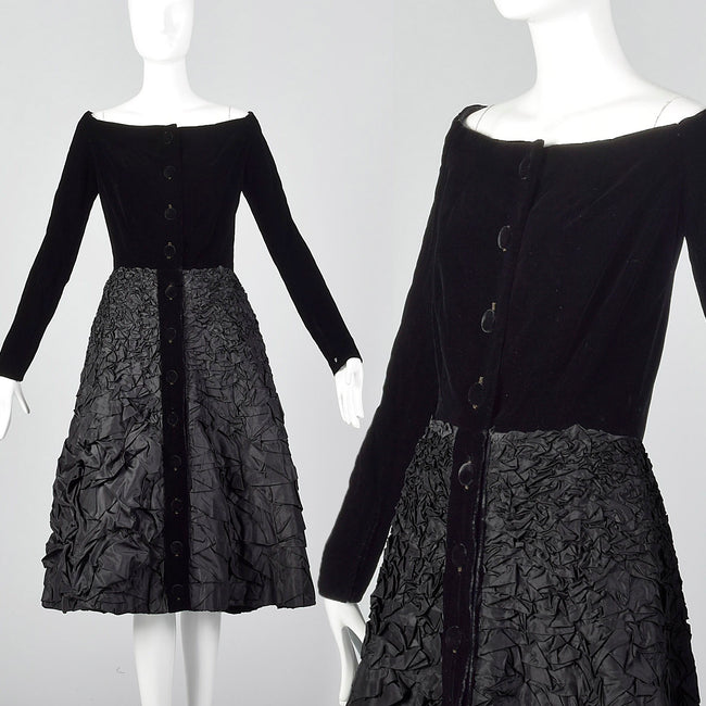1950s Black Velvet Dress with Textured Skirt