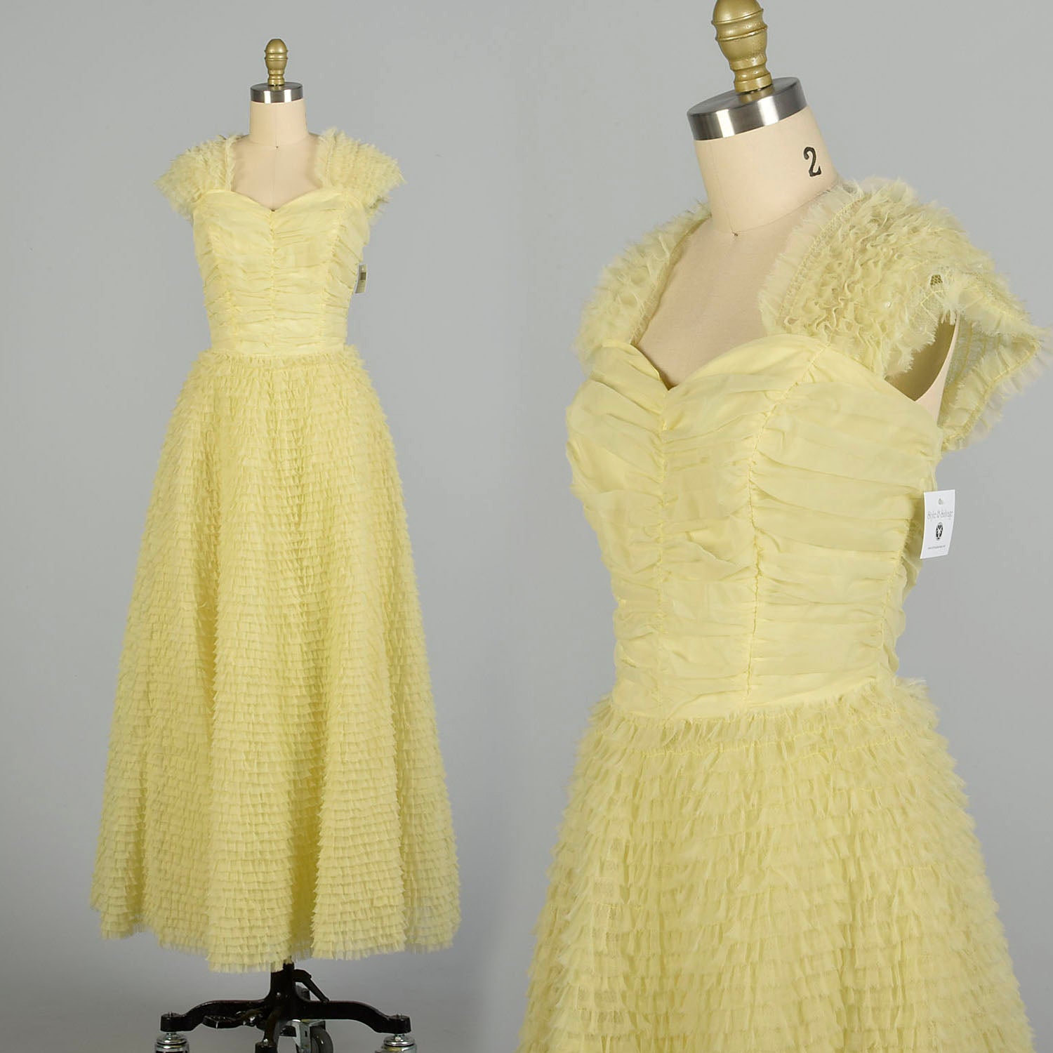 Small 1950s Creamy Yellow Formal Dress Evening Gown Full Length Layered Ruffle Wedding Prom