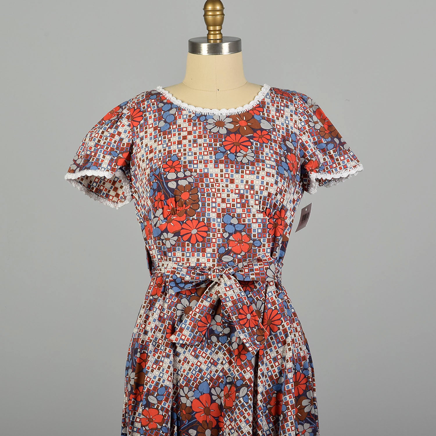 Small-Large 1960s Orange and Blue Floral and Geometric Wrap Dress