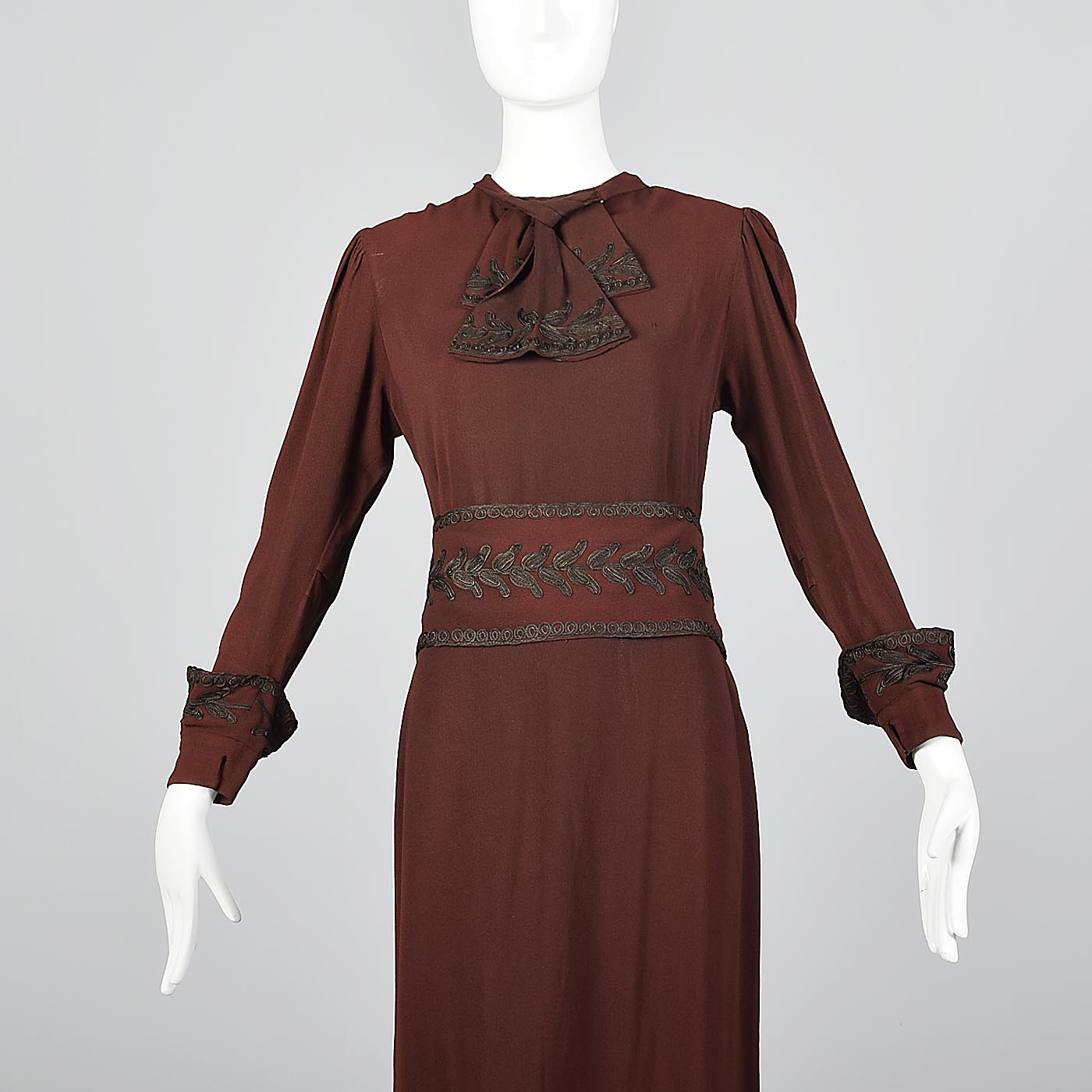1930s Kathryn Vrooman Winter Day Dress with Funnel Cuffs & Soutache Trim