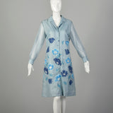 Large 1970s Dress Blue Lightweight Flower Long Sleeve Tassel Belted