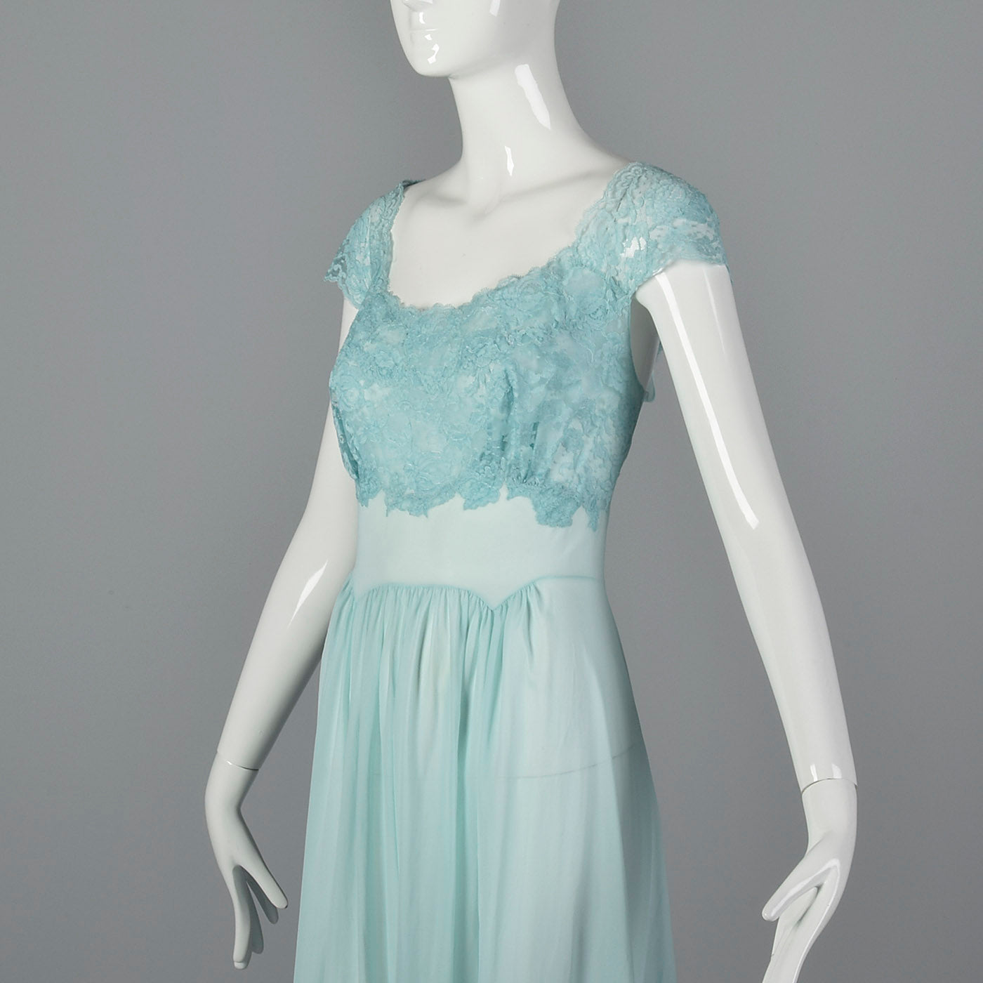 1950s Vanity Fair Blue Nightgown with Lace Shelf Bust