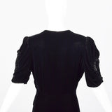 Large 1940s Black Velvet Dress with Open Sleeve Detail