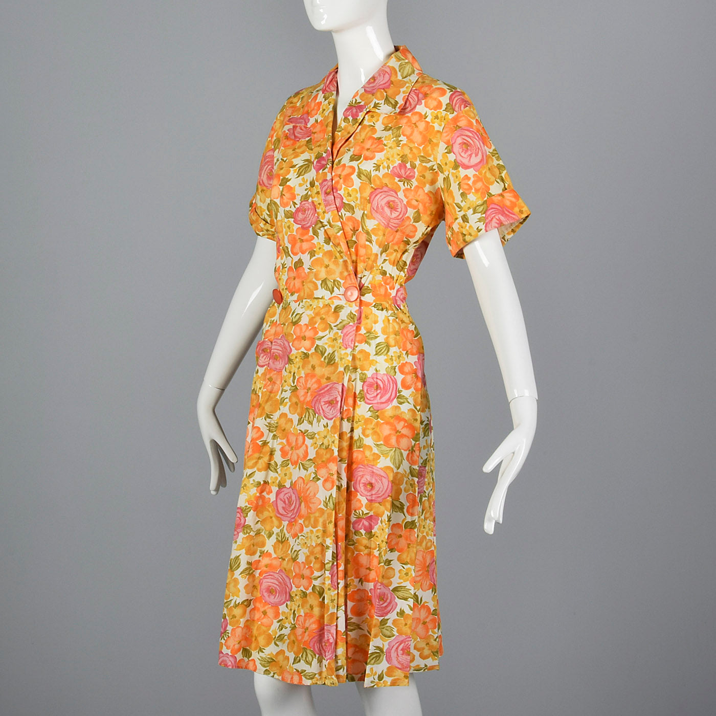 1960s Orange Floral Cotton Wrap Dress