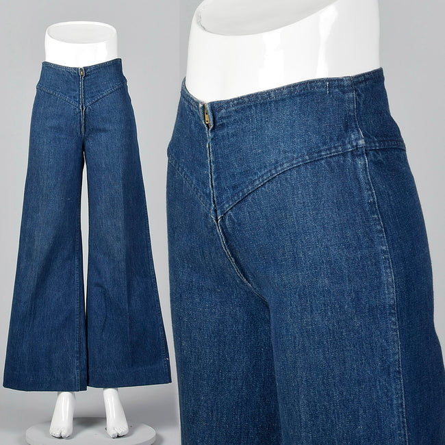 1970s Cotton Denim Zip Front Bell Bottom Jeans