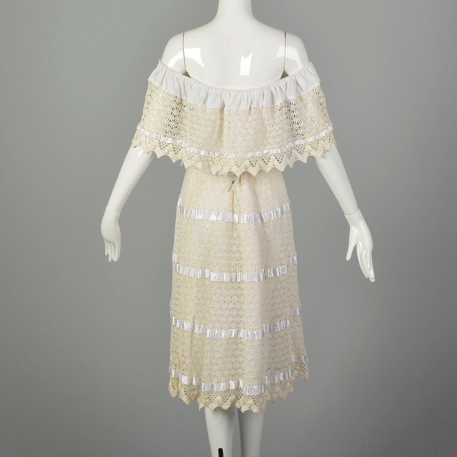 1970s Large Summer White Lace Off Shoulder Boho Dress