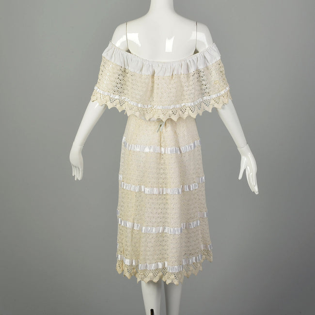 1970s Large Summer White Lace Off Shoulder Boho Dress