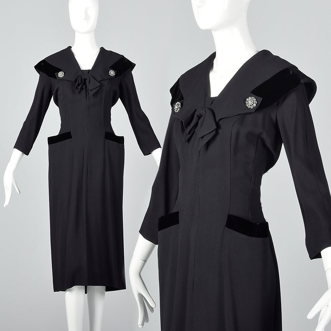 1950s Black Rayon Dress with Velvet Trim and Shawl Collar