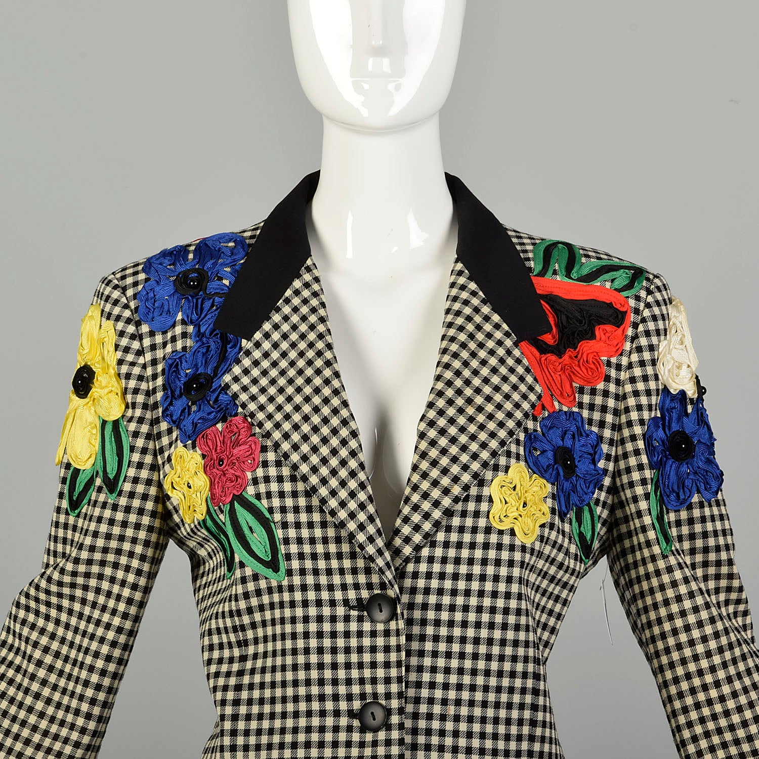 Medium 1980s Escada Blazer Gingham Novelty Flower Soutache Jacket