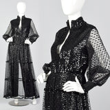 1970s Oscar de la Renta Sequined Jumpsuit with Low V Neckline & Sheer Mesh Overskirt