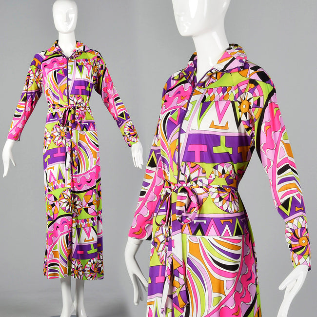 1970s Saks Fifth Avenue Nylon Lounge Dress with Zip Front