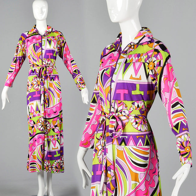 1970s Saks Fifth Avenue Nylon Lounge Dress with Zip Front