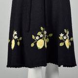 Medium 1970s Black Dress Yellow Floral Embroidery Long Sleeve Tie Waist Knit