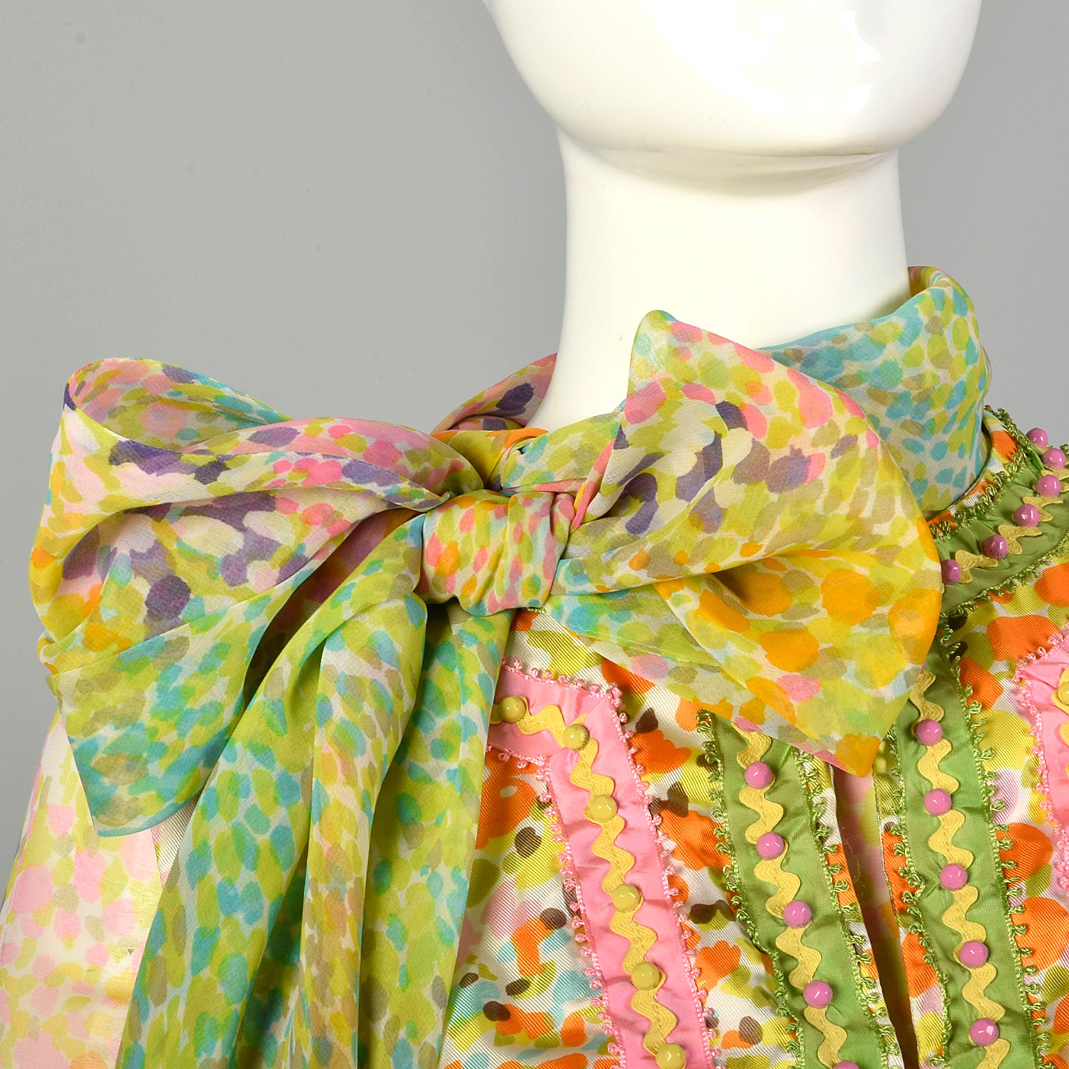 Medium 1970s Victor Costa Maxi Dress Set Abstract Boho Floral Print Long Sleeve Pussy Bow Embellished Bohemian Vest