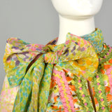 Medium 1970s Victor Costa Maxi Dress Set Abstract Boho Floral Print Long Sleeve Pussy Bow Embellished Bohemian Vest