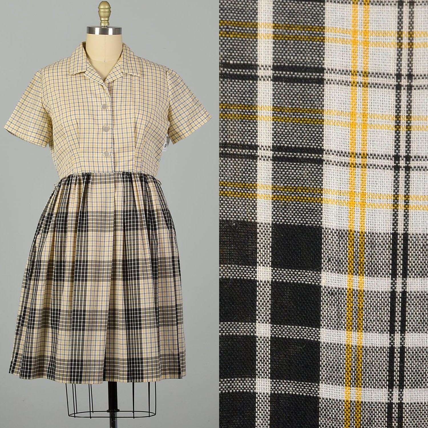 XL 1950s Yellow Cotton Day Dress Black Plaid Short Sleeves Casual Volup