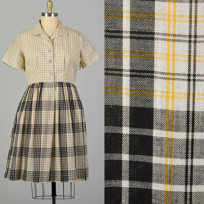 XL 1950s Yellow Cotton Day Dress Black Plaid Short Sleeves Casual Volup