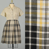 XL 1950s Yellow Cotton Day Dress Black Plaid Short Sleeves Casual Volup